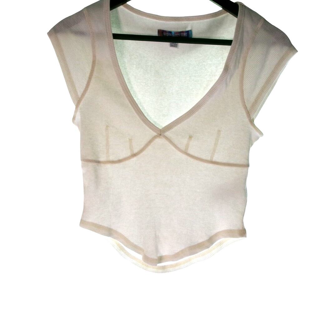 Urban Outfitters Ribbed V Neck Cap Sleeve Crop Top Ivory Women's M
